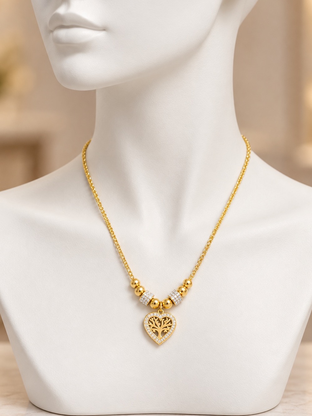 18K Gold Plated Tree of Life Heart Pendant Necklace Zircon Titanium Steel